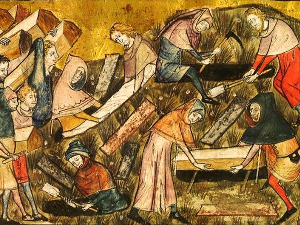 A group of people, some of whom are digging graves and some of whom are carrying coffins. Autumn colours dominate