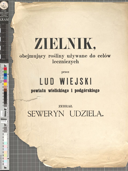 Pożółkła, wyrwana z książki karta z długim drukowanym tytułem i nazwiskiem autora