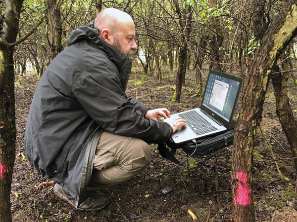 Mężczyzna kuca pod nisko zwieszonymi gałęziami i wpisuje coś do laptopa. Pnie niektórych drzew oznaczone różową farbą